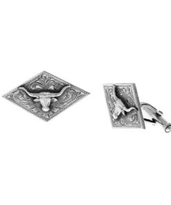 Cuff Links - Long Horn Style Set with Diamonds in Gold Color